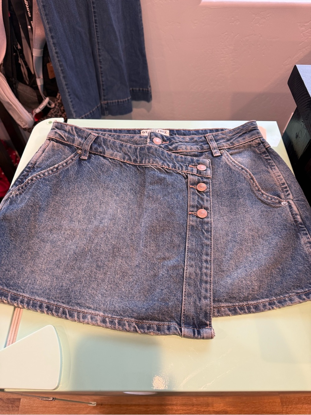 We The Free Blue Denim Button-Front Mini Skirt